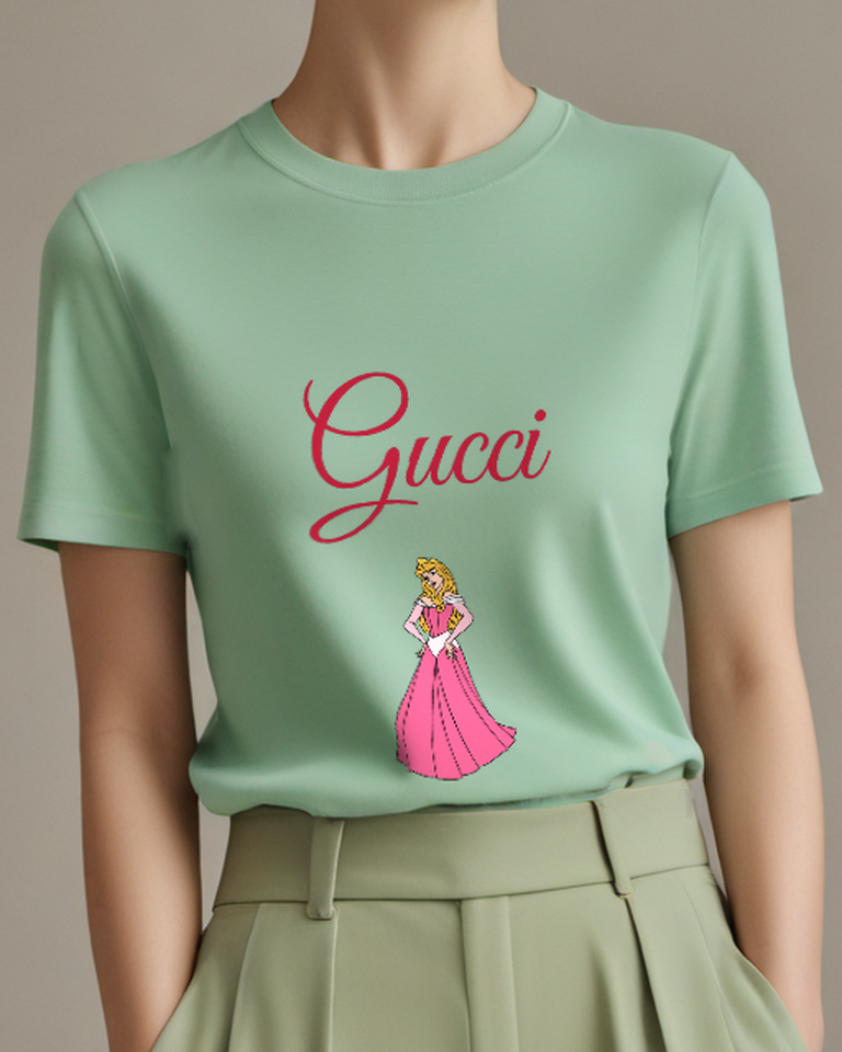 Sage Green Standing Princess Full Pink Skirt Graphic T-Shirt - model wearing view