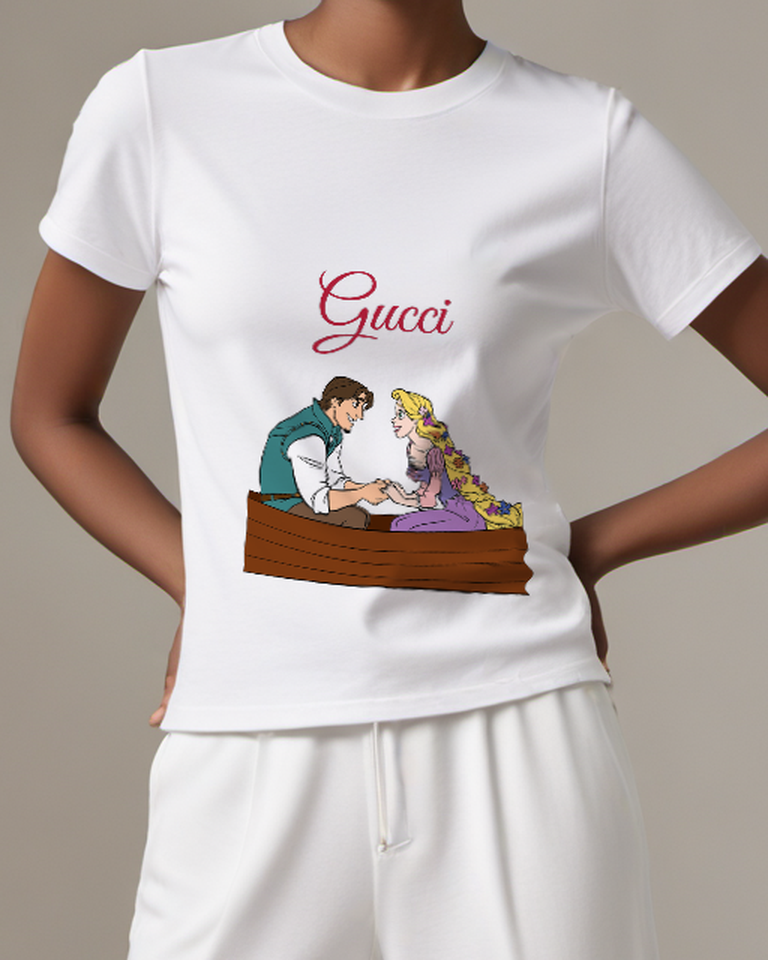 White Rapunzel And Flynn Rider In Boat Graphic T-Shirt - model wearing view