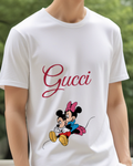 Light Gray Mickey And Minnie Cuddling Together Graphic T-Shirt - model wearing view