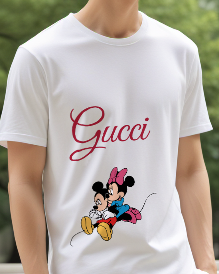 Light Gray Mickey And Minnie Cuddling Together Graphic T-Shirt - model wearing view