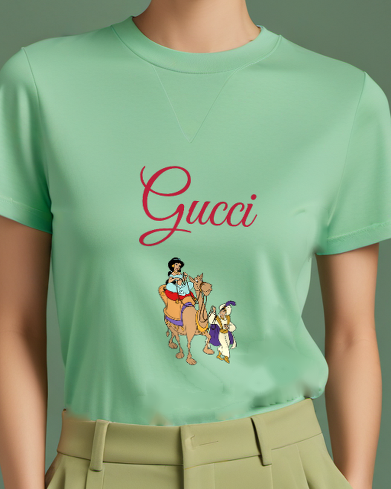 Sage Green Jasmine Rides Camel Aladdin Walks Beside Graphic T-Shirt - model wearing view