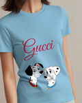 Sky Blue Dalmatian Pair Smiling Head To Head Graphic T-Shirt - model wearing view