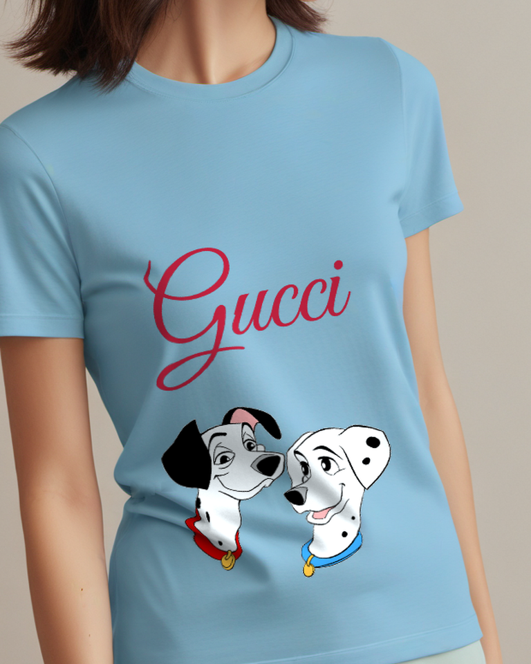 Sky Blue Dalmatian Pair Smiling Head To Head Graphic T-Shirt - model wearing view