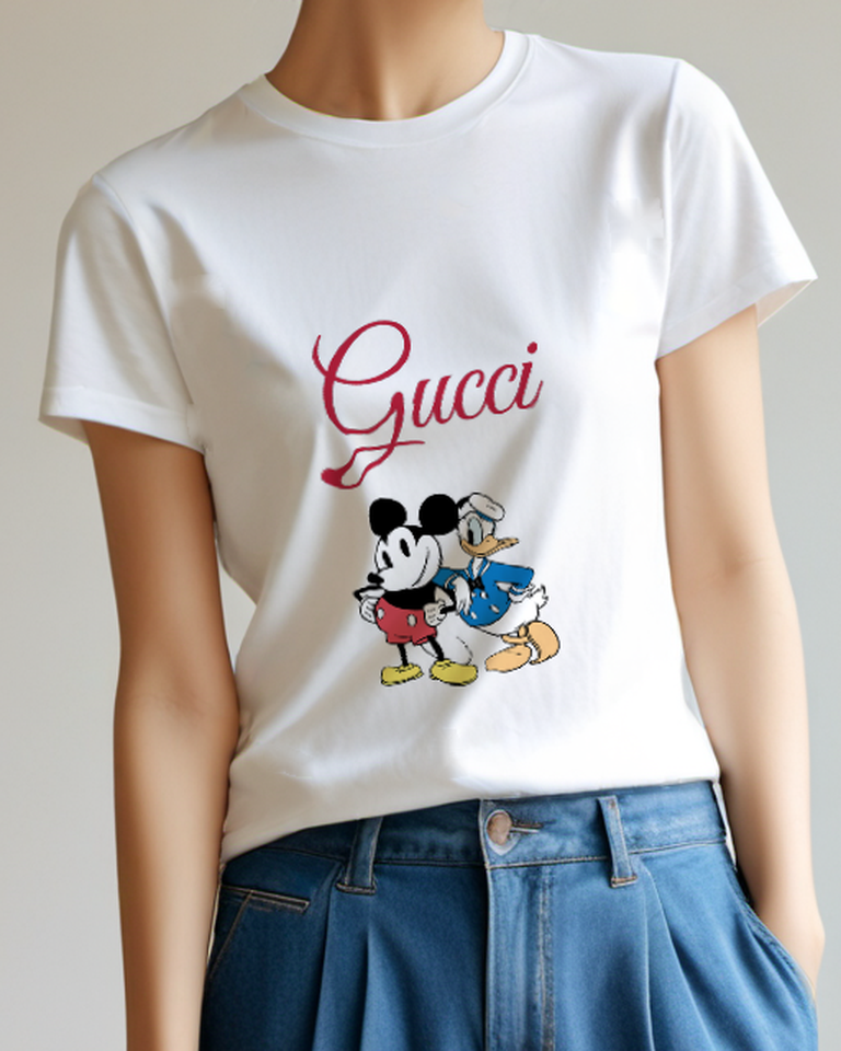 Pale Lavender Mickey And Donald In Dance Pose Graphic T-Shirt - model wearing view