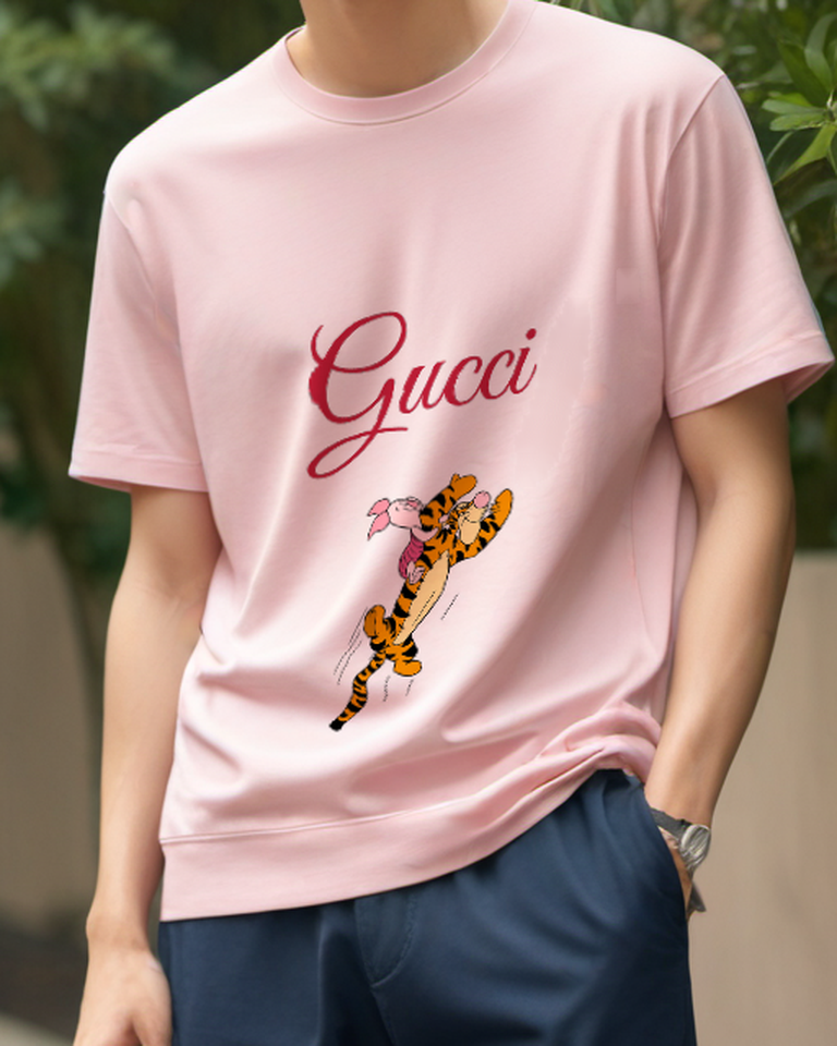 Blush Pink Piglet Riding On Tigger In Midair Graphic T-Shirt - model wearing view