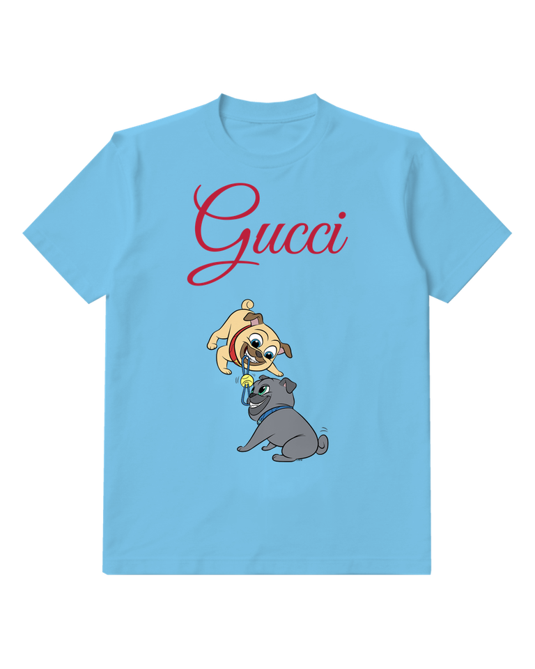 Sky Blue Pug Pups Playing Tug Of War Graphic T-Shirt - front product view