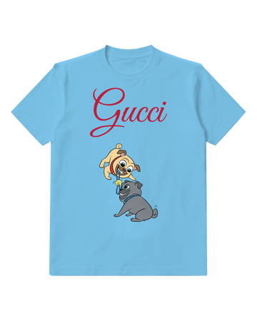Sky Blue Pug Pups Playing Tug Of War Graphic T-Shirt - front product view