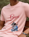Blush Pink Black Insect Above Blue Caterpillar Graphic T-Shirt - model wearing view