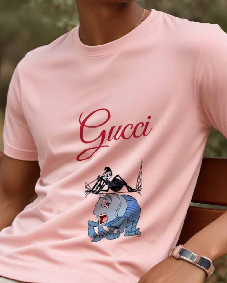 Blush Pink Black Insect Above Blue Caterpillar Graphic T-Shirt - model wearing view