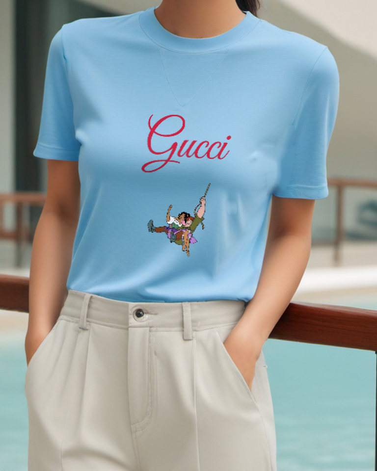 Sky Blue Esmeralda And Quasimodo Swinging Together Graphic T-Shirt - model wearing view