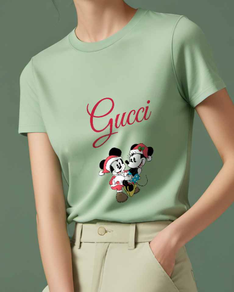 Sage Green Mickey And Minnie In Festive Embrace Graphic T-Shirt - model wearing view
