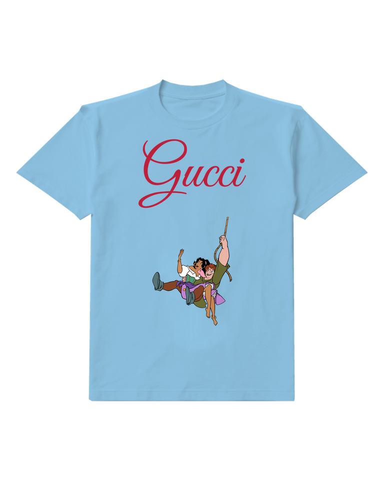 Sky Blue Esmeralda And Quasimodo Swinging Together Graphic T-Shirt - front product view