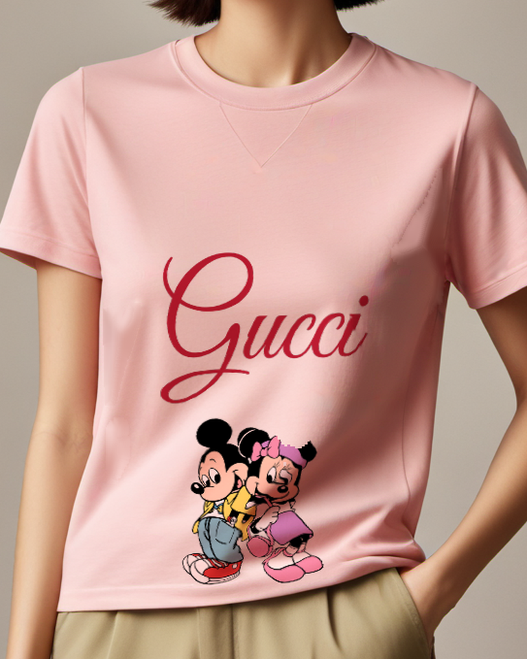 Blush Pink Mickey And Minnie In Walking Pose Graphic T-Shirt - model wearing view