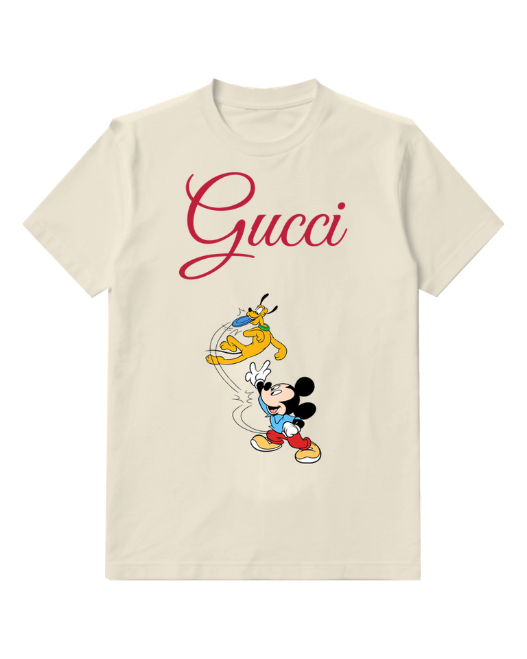 Ivory Mickey Mouse Chasing Pluto With Frisbee Graphic T-Shirt - front product view