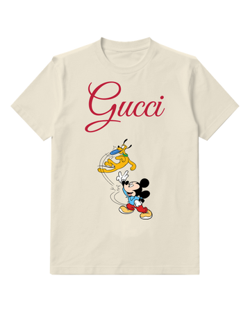 Ivory Mickey Mouse Chasing Pluto With Frisbee Graphic T-Shirt - front product view
