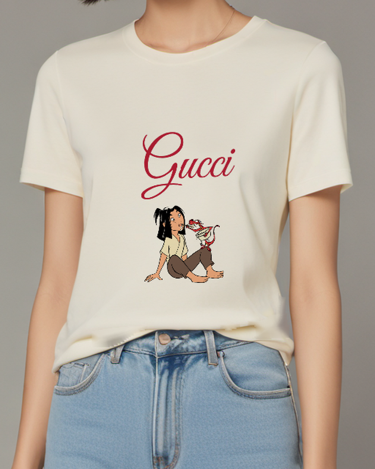 Ivory Mulan Seated Feeding Mushu Graphic T-Shirt - model wearing view