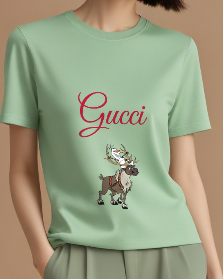 Sage Green Olaf Atop Sven Smiling Reindeer Standing Graphic T-Shirt - model wearing view