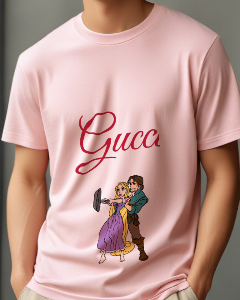Blush Pink Rapunzel And Flynn Rider Holding A Frying Pan Graphic T-Shirt - model wearing view