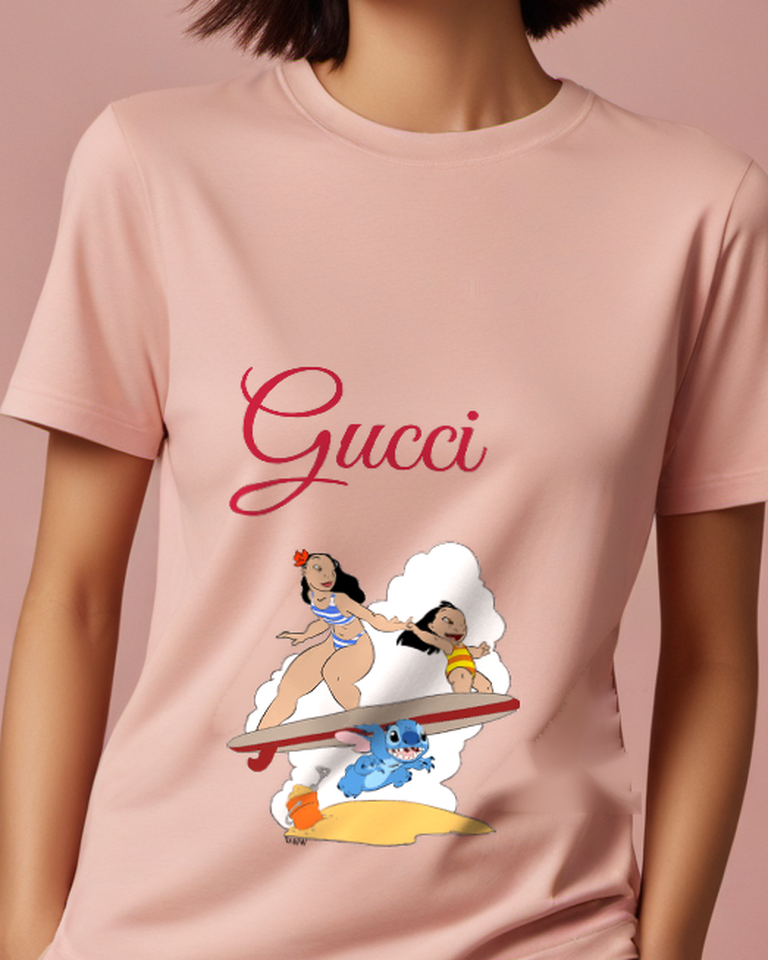 Blush Pink Lilo And Stitch Surfing Together Graphic T-Shirt - model wearing view