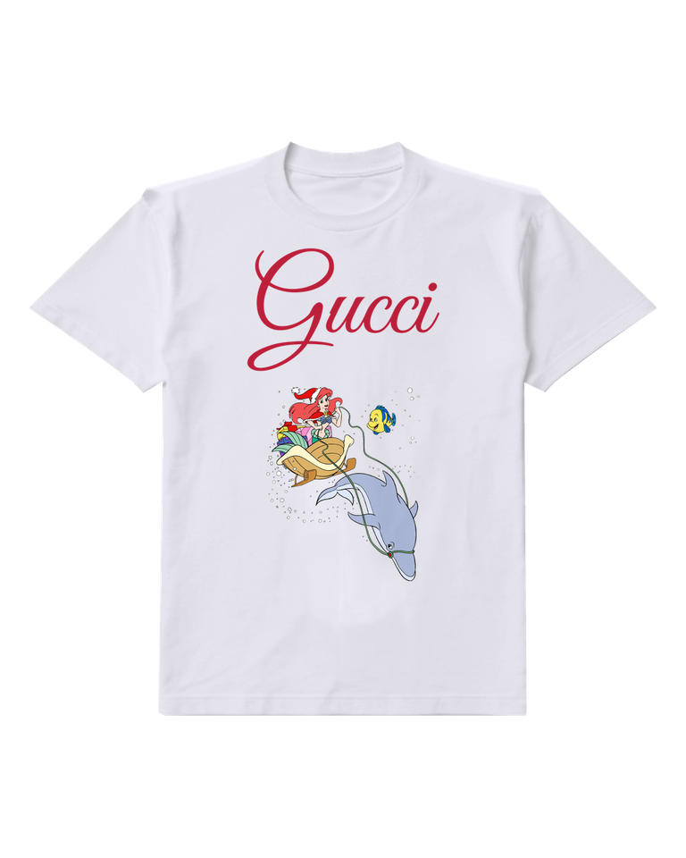 White Ariel Rides Dolphin With Flounder Graphic T-Shirt - front product view