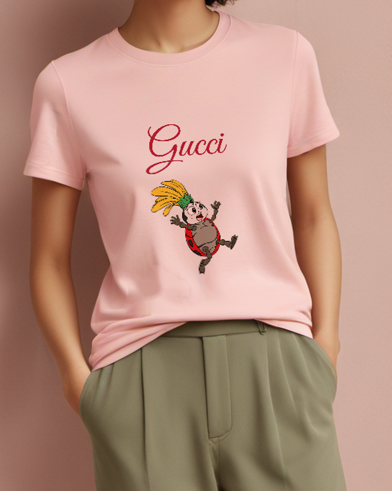 Blush Pink Small Insect Yellow Plume Graphic T-Shirt - model wearing view