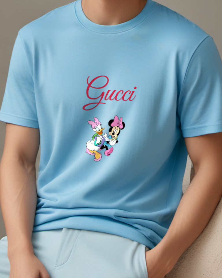 Sky Blue Minnie And Daisy Running Together Graphic T-Shirt - model wearing view