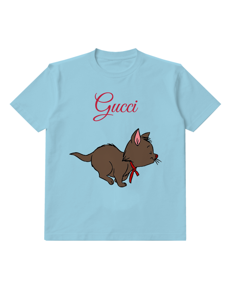 Sky Blue Brown Kitten Running Ribbon Graphic T-Shirt - front product view