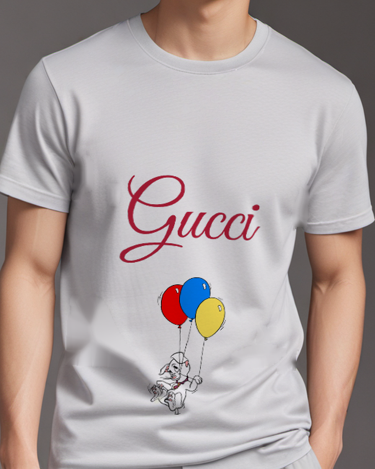 Light Gray Puppy Lifted By Balloons Graphic T-Shirt - model wearing view