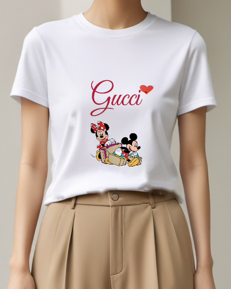 White Mickey And Minnie With Luggage Graphic T-Shirt - model wearing view