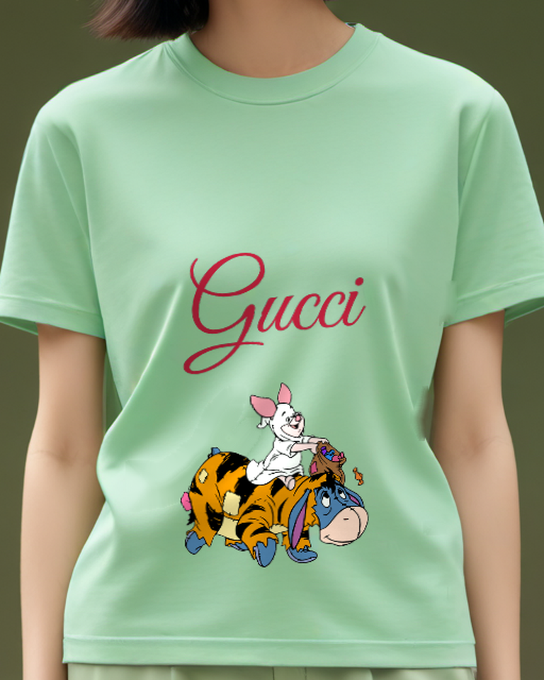Sage Green Piglet Rides Eeyore With Candy Bag Graphic T-Shirt - model wearing view