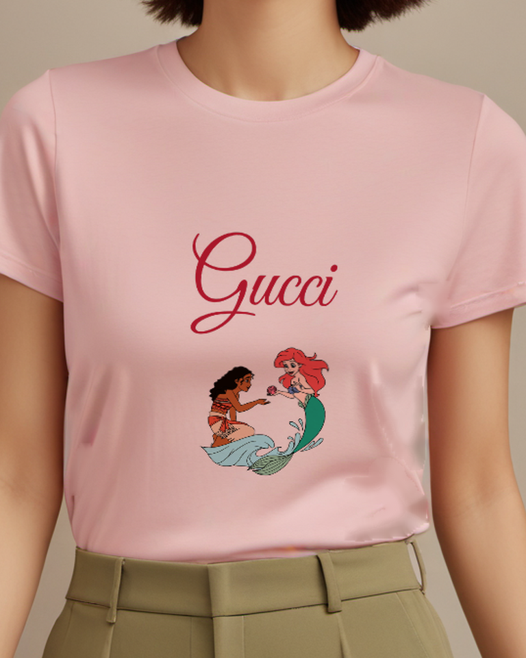 Blush Pink Ariel And Moana Seated Sharing Shell Graphic T-Shirt - model wearing view