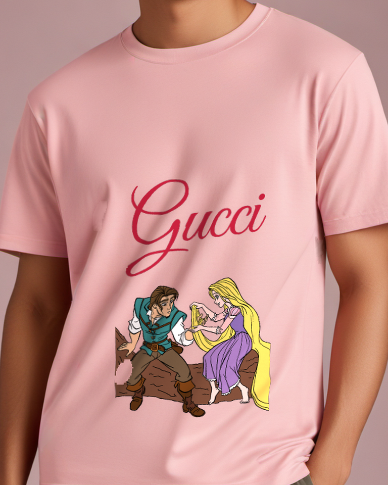 Blush Pink Rapunzel And Flynn Rider Holding Golden Hair Graphic T-Shirt - model wearing view