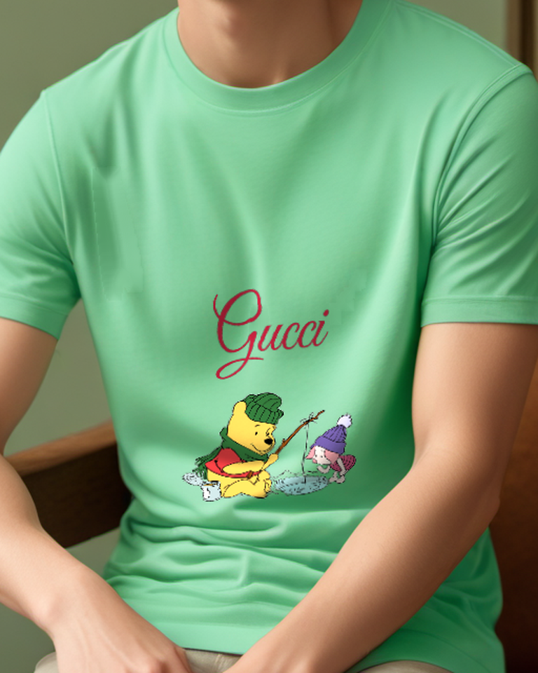 Sage Green Pooh Ice Fishing In Snow Graphic T-Shirt - model wearing view