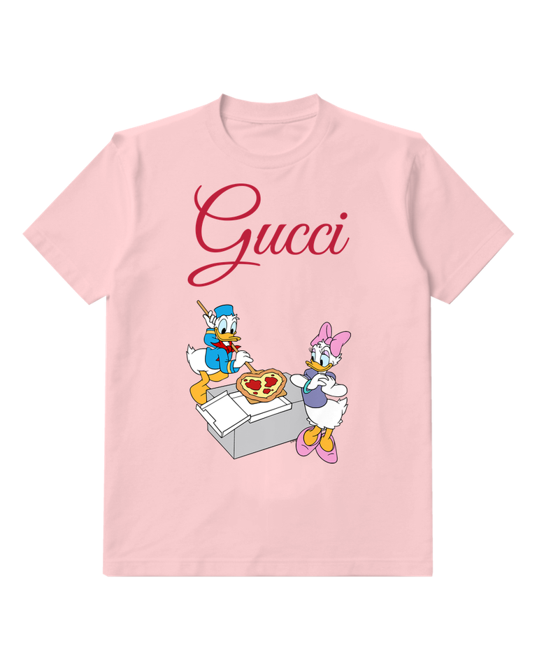 Blush Pink Donald And Daisy Holding Pizza Graphic T-Shirt - front product view