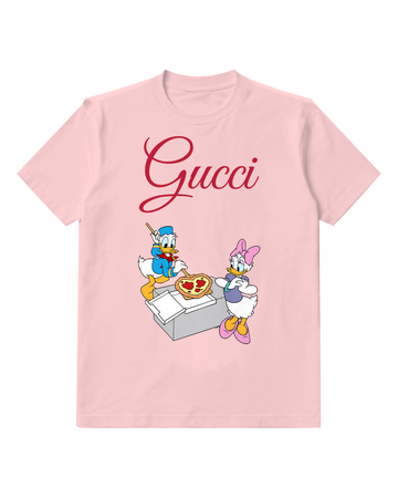 Blush Pink Donald And Daisy Holding Pizza Graphic T-Shirt - front product view