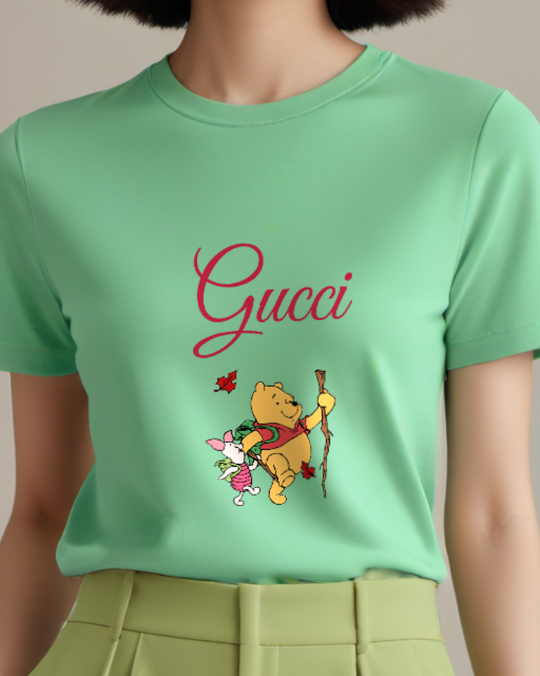 Sage Green Pooh And Piglet Hiking Together Graphic T-Shirt - model wearing view
