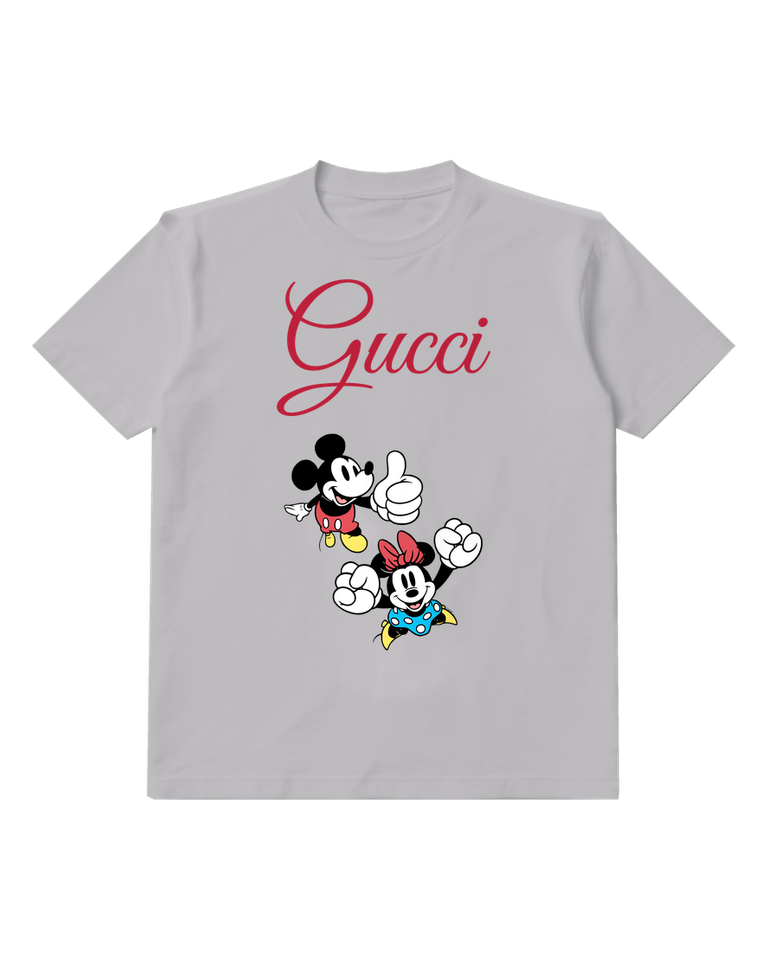 Light Gray Mickey And Minnie Cheering With Raised Hands Graphic T-Shirt - front product view