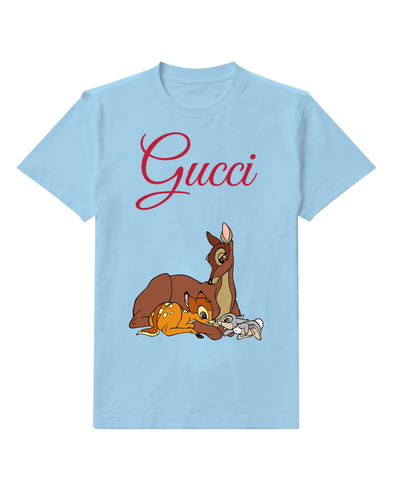 Sky Blue Doe Resting With Bambi And A Rabbit Graphic T-Shirt - front product view