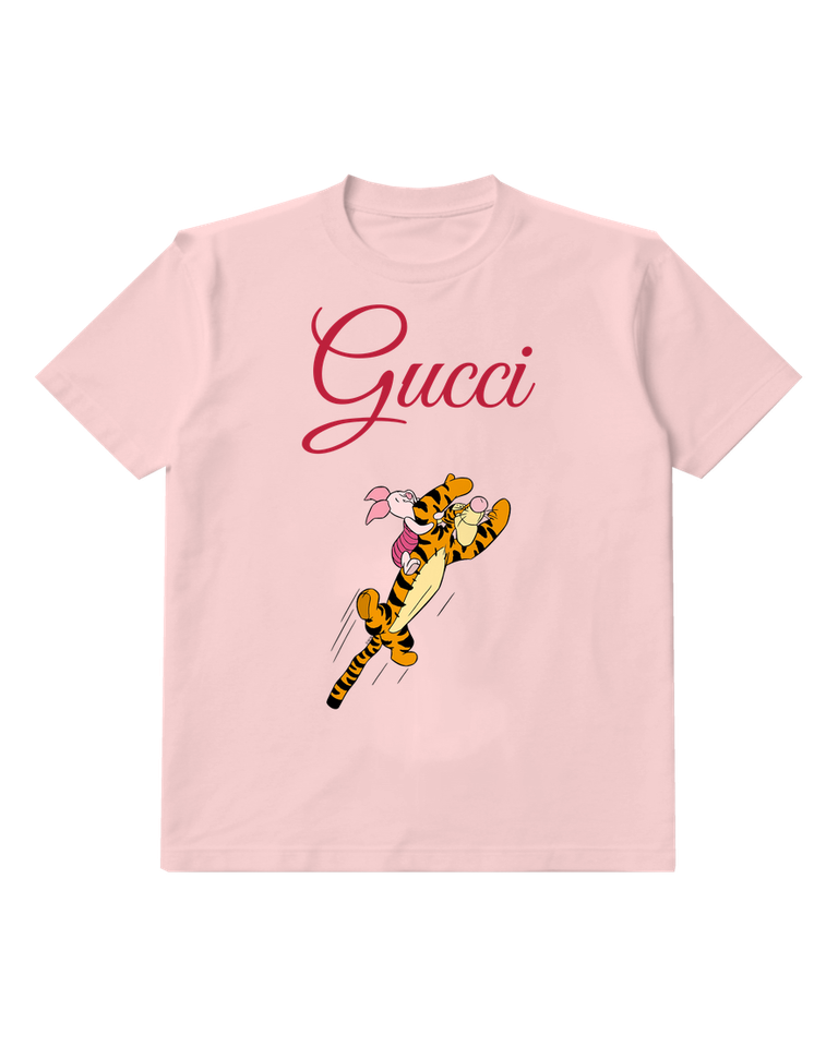 Blush Pink Piglet Riding On Tigger In Midair Graphic T-Shirt - front product view
