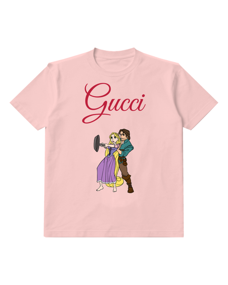 Blush Pink Rapunzel And Flynn Rider Holding A Frying Pan Graphic T-Shirt - front product view