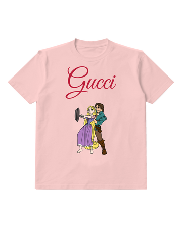 Blush Pink Rapunzel And Flynn Rider Holding A Frying Pan Graphic T-Shirt - front product view