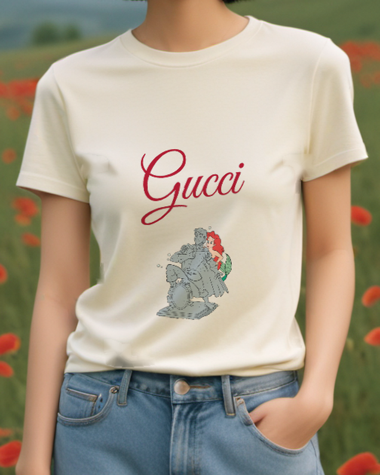 Ivory Ariel And Eric Statue Embracing Metallic Graphic T-Shirt - model wearing view