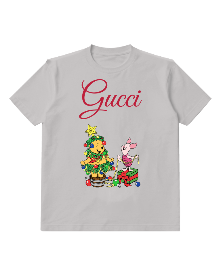 Light Gray Pooh And Piglet Decorating Christmas Tree Graphic T-Shirt - front product view