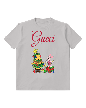 Light Gray Pooh And Piglet Decorating Christmas Tree Graphic T-Shirt - front product view