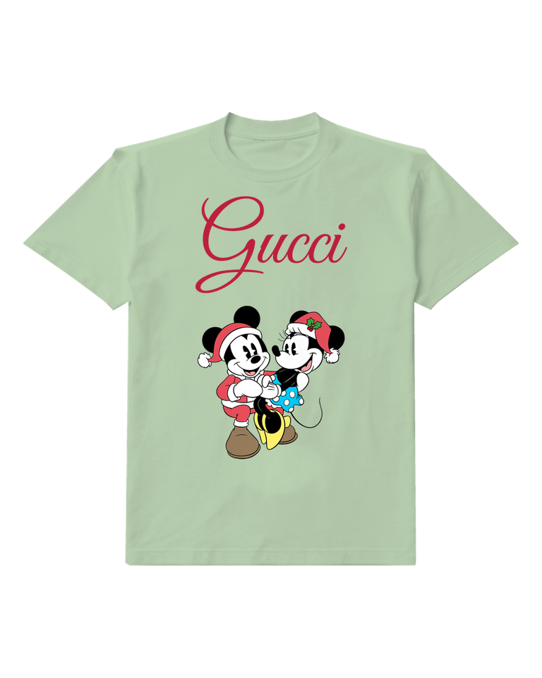 Sage Green Mickey And Minnie In Festive Embrace Graphic T-Shirt - front product view