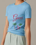 Sky Blue Stitch And Angel Hugging Under Palms Graphic T-Shirt - model wearing view