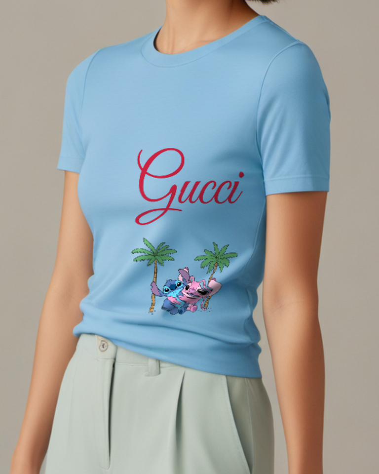 Sky Blue Stitch And Angel Hugging Under Palms Graphic T-Shirt - model wearing view