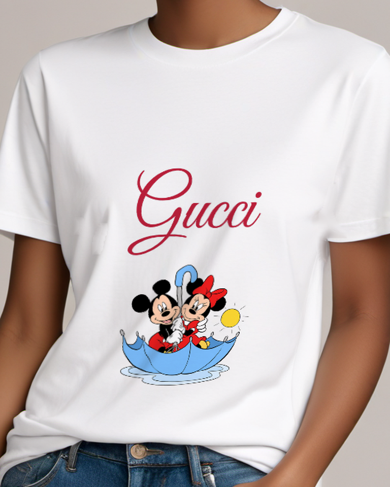 White Mickey And Minnie In Umbrella Boat Graphic T-Shirt - model wearing view