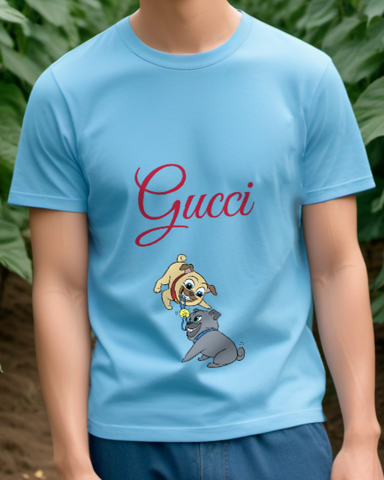 Sky Blue Pug Pups Playing Tug Of War Graphic T-Shirt - model wearing view