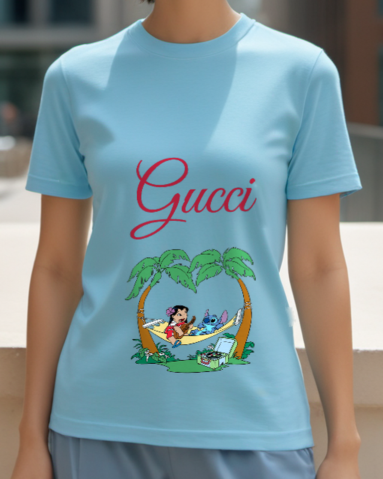 Dusty Blue Lilo And Stitch Relaxing In Hammock Graphic T-Shirt - model wearing view